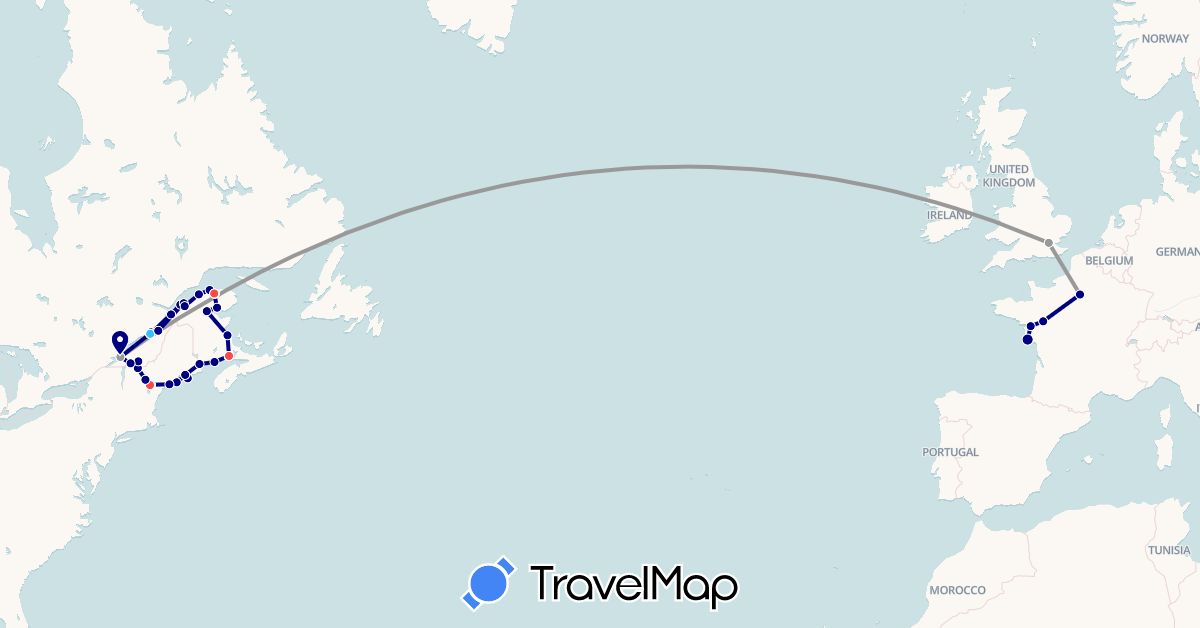 TravelMap itinerary: driving, plane, hiking, boat in Canada, France, United Kingdom, United States (Europe, North America)
